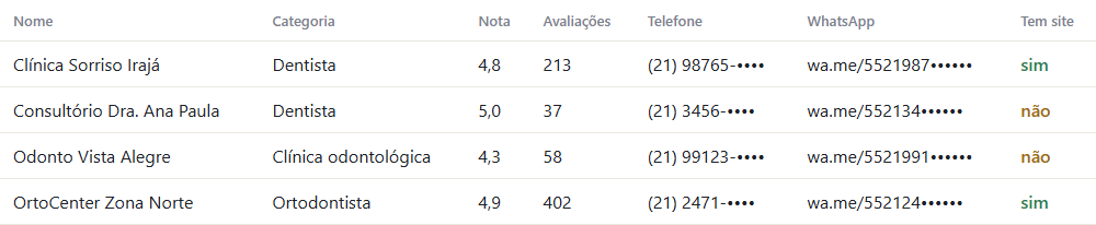Tabela de exemplo com as colunas nome, categoria, nota, avaliações, telefone, WhatsApp e tem site