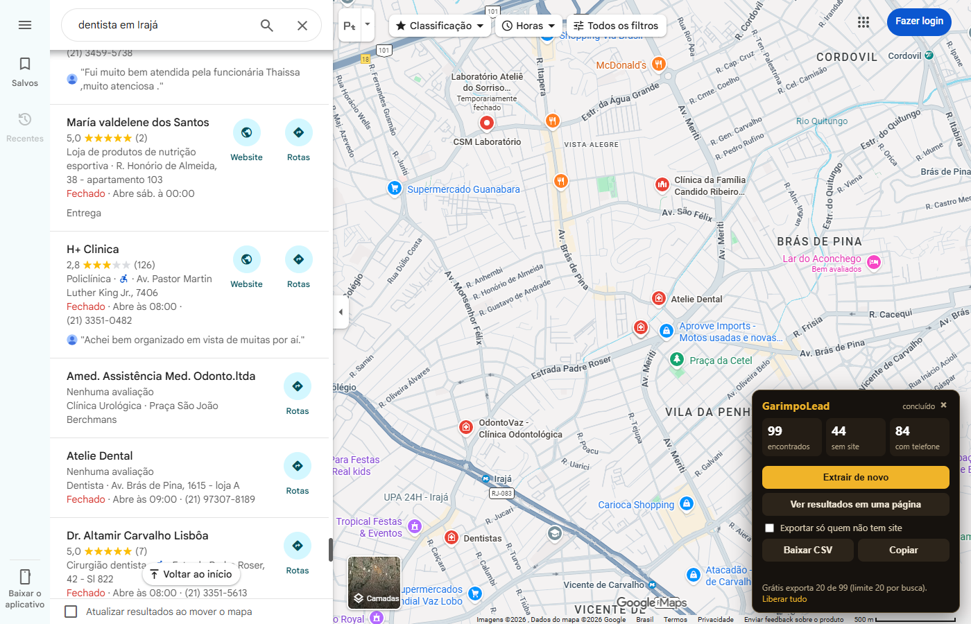 Google Maps com a lista de resultados e o painel do GarimpoLead no canto